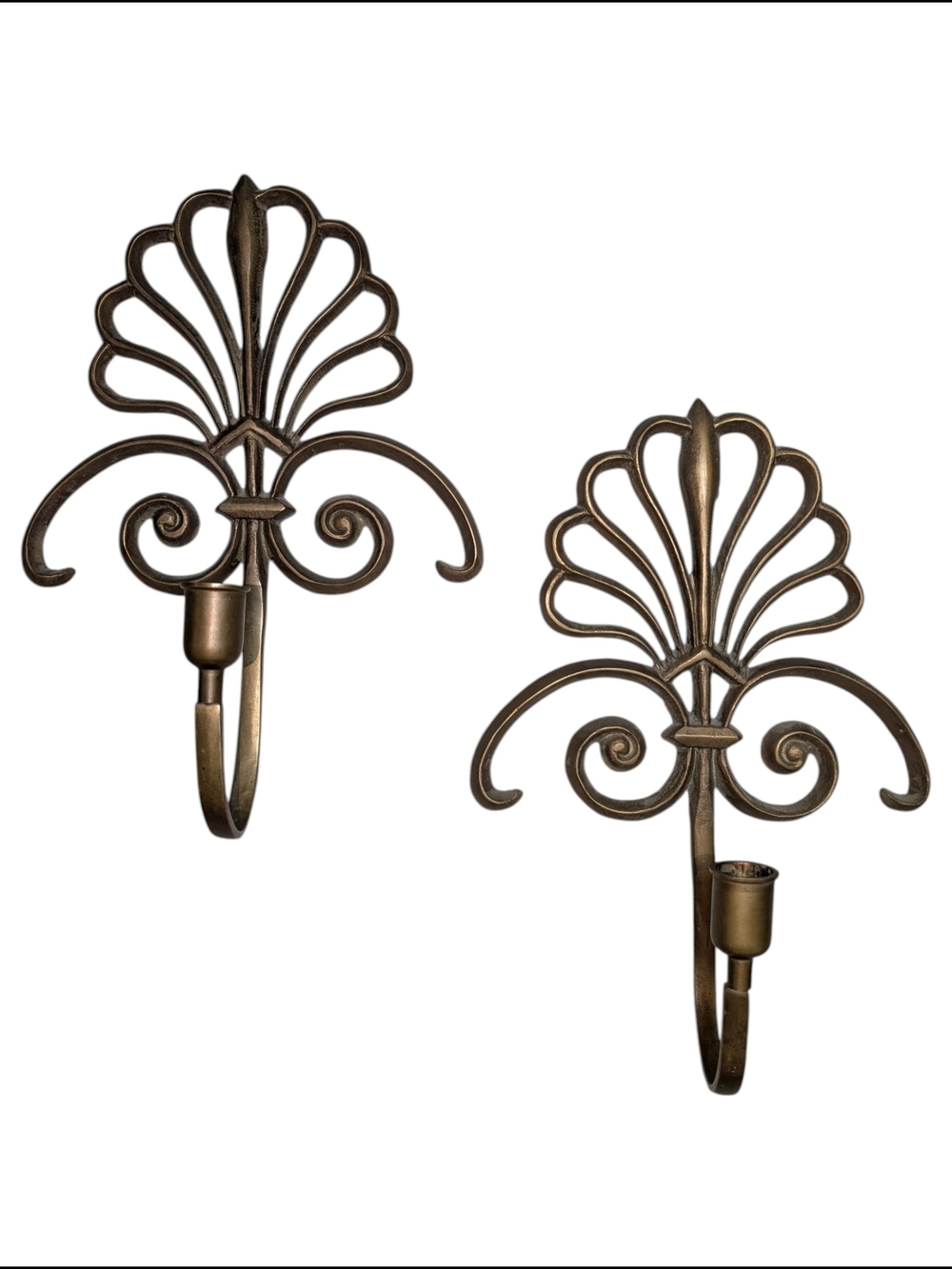 Vintage Solid Brass Mid-Century Art Deco Metal Wall Taper Candle Sconce Shell